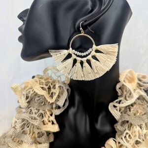 Chic Cream Tassel Hoop Earrings